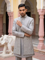 Premium Silk Blend Embroidered Indo-Western Set for Men ( 50JIND 207Silver )