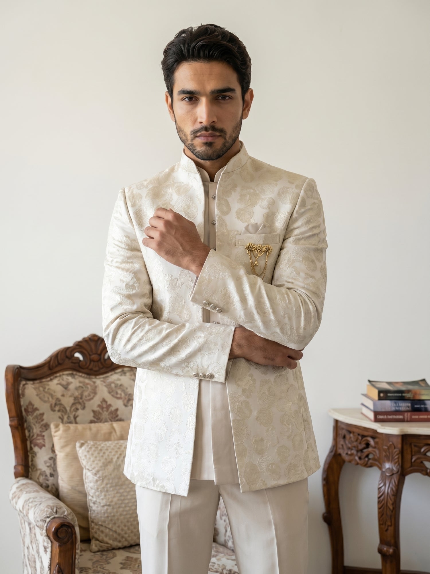 DesiQlo Men Self Design Indo Western Set - Beige