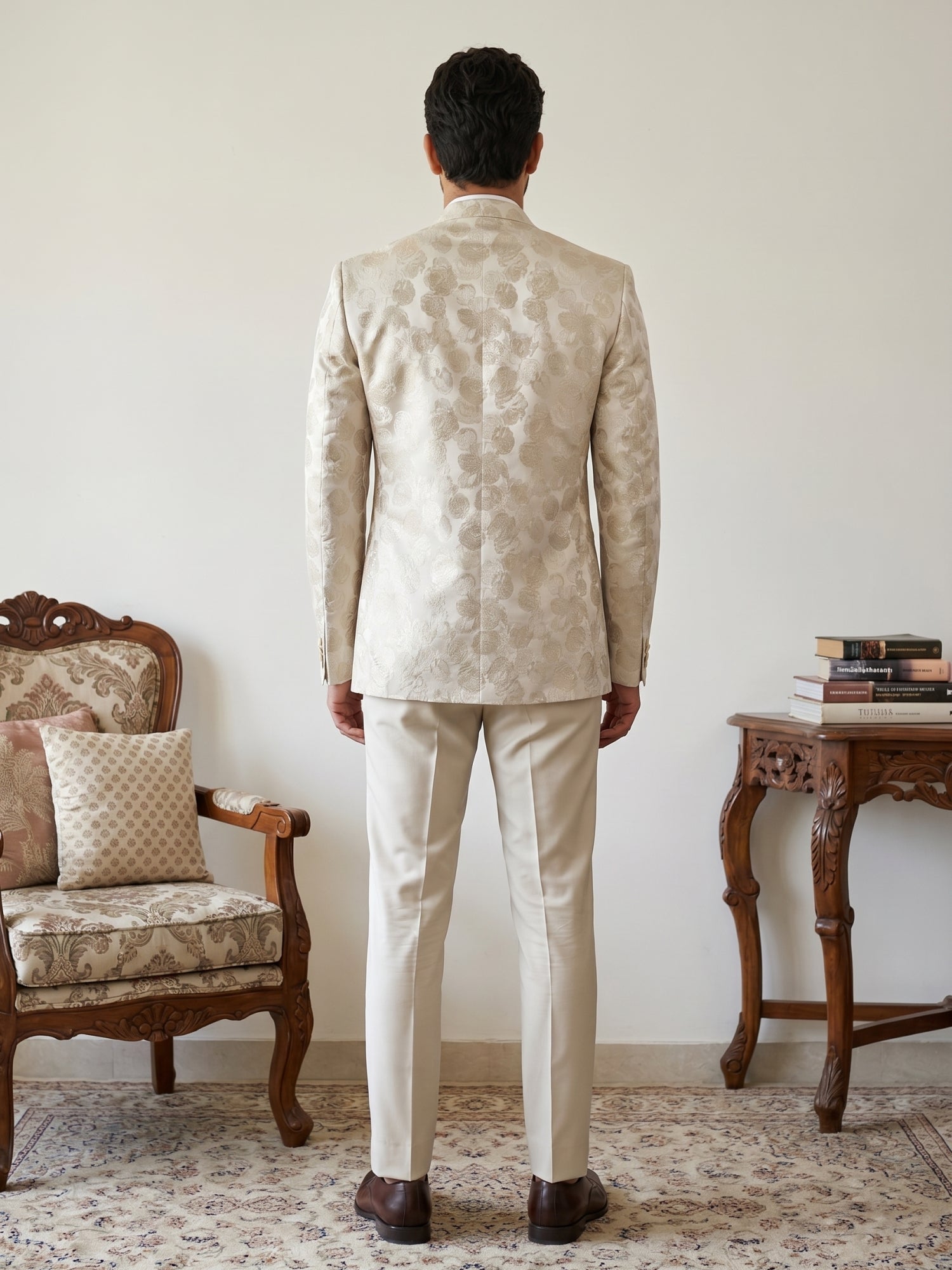 DesiQlo Men Self Design Indo Western Set - Beige