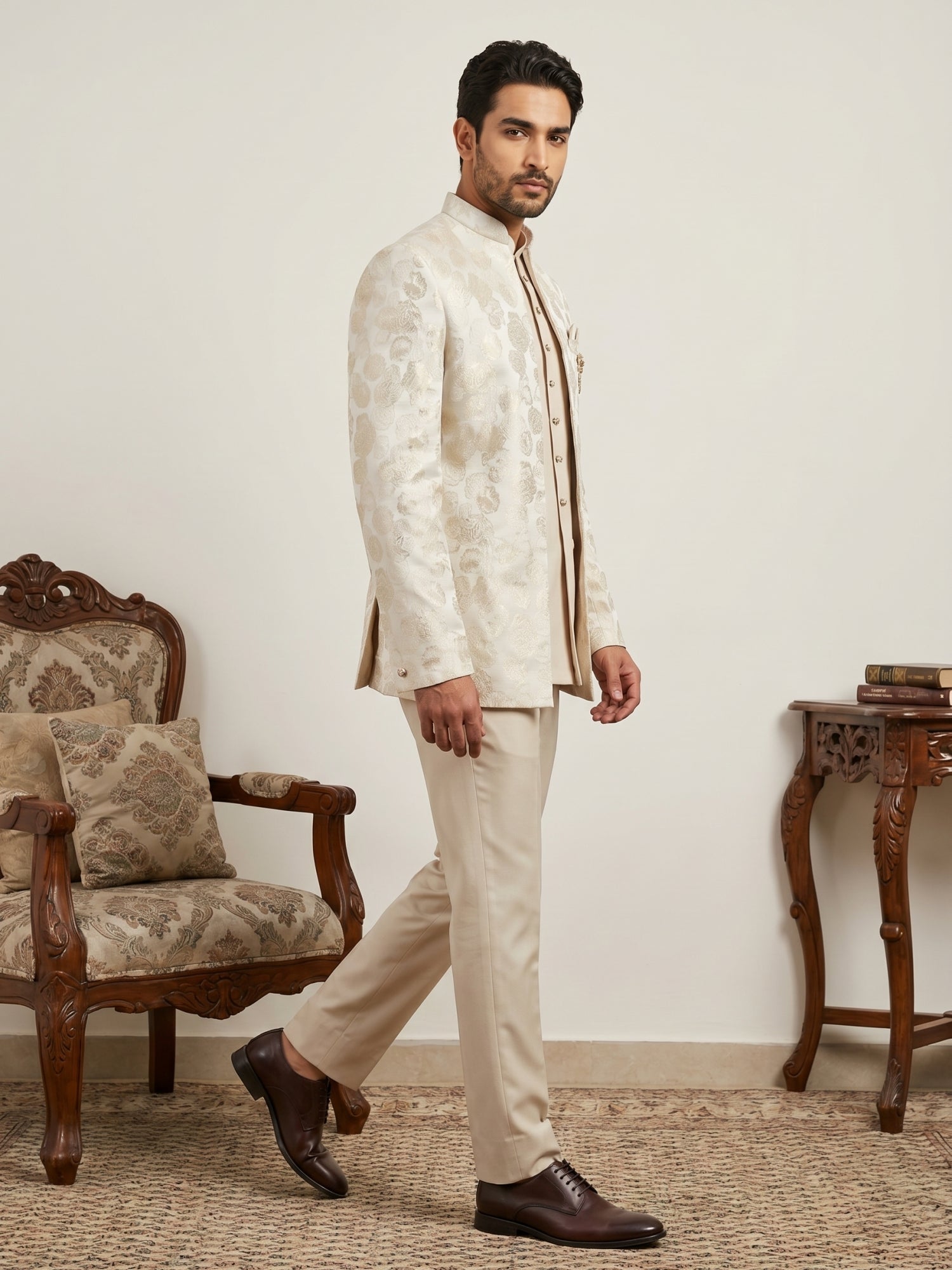 DesiQlo Men Self Design Indo Western Set - Beige