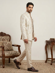 Men’s Designer Jacquard Silk Indo-Western Set ( 50JIND 208Cream )