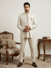Men’s Designer Jacquard Silk Indo-Western Set ( 50JIND 208Cream )