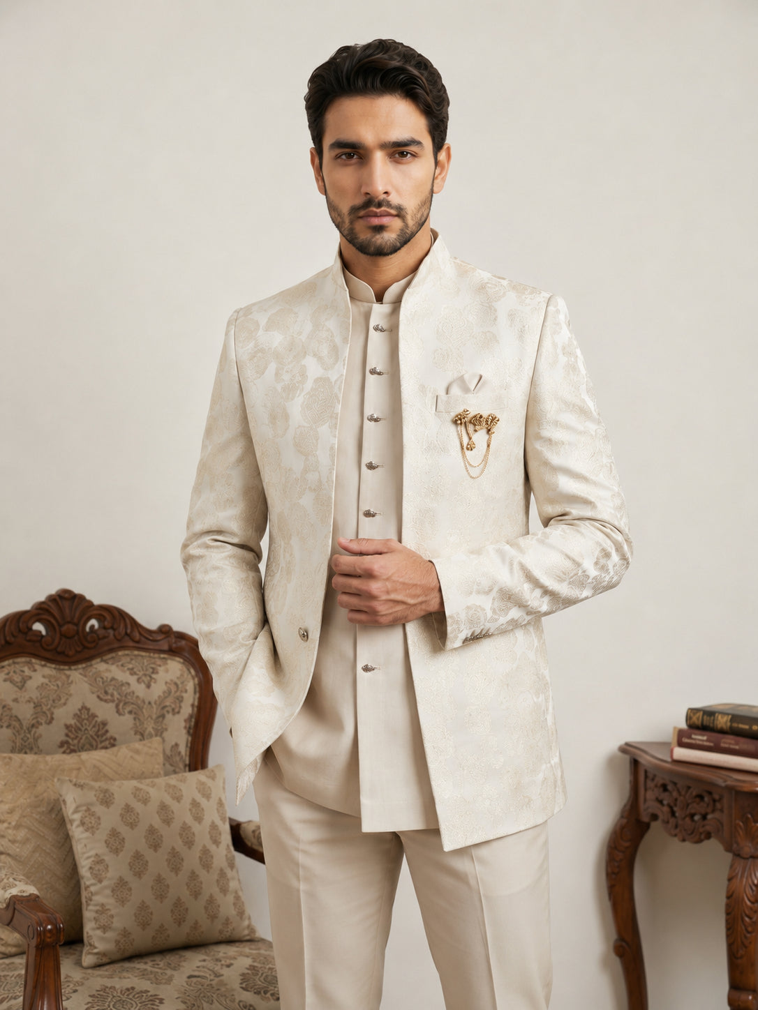 DesiQlo Men Self Design Indo Western Set - Beige