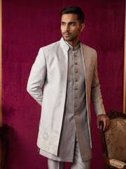 Floral Design Jacquard Silk Indo-Western Set for Men ( 50JIND 209Blue )