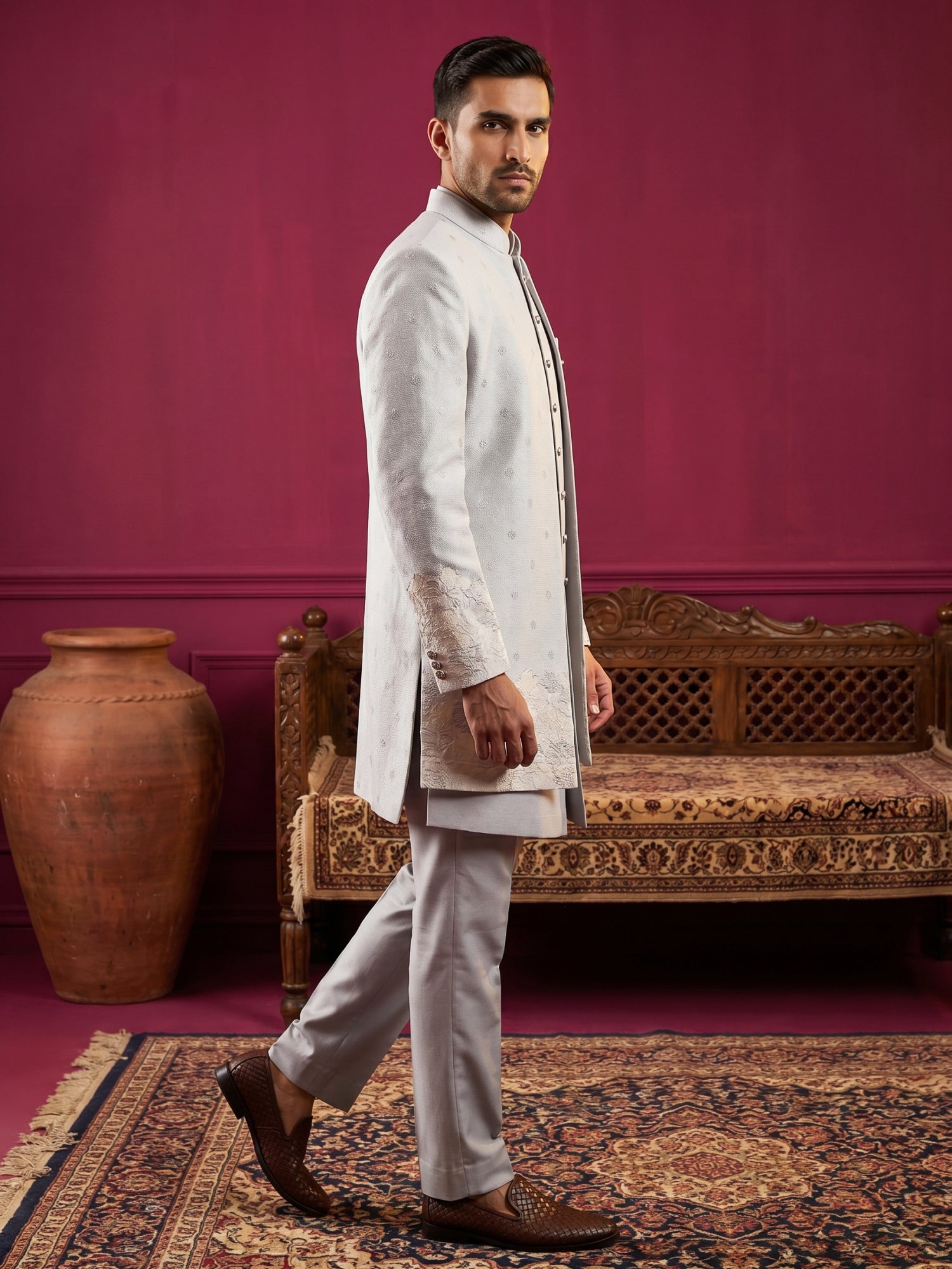 DesiQlo Men Self Design Indo Western Set - Blue