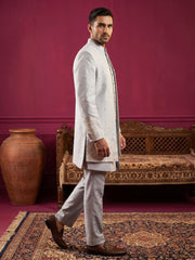 Floral Design Jacquard Silk Indo-Western Set for Men ( 50JIND 209Blue )