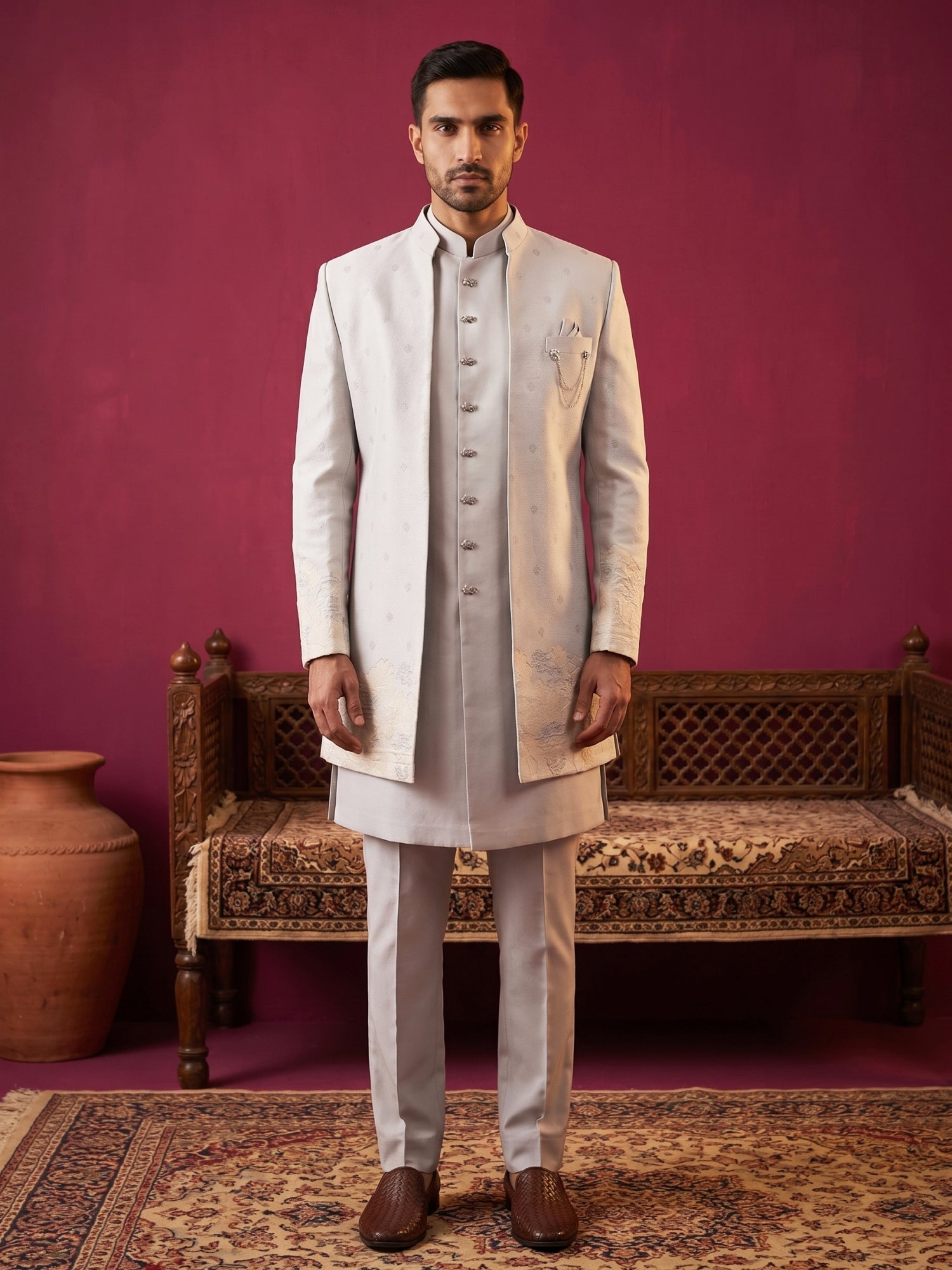 DesiQlo Men Self Design Indo Western Set - Blue