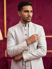 Floral Design Jacquard Silk Indo-Western Set for Men ( 50JIND 209Blue )