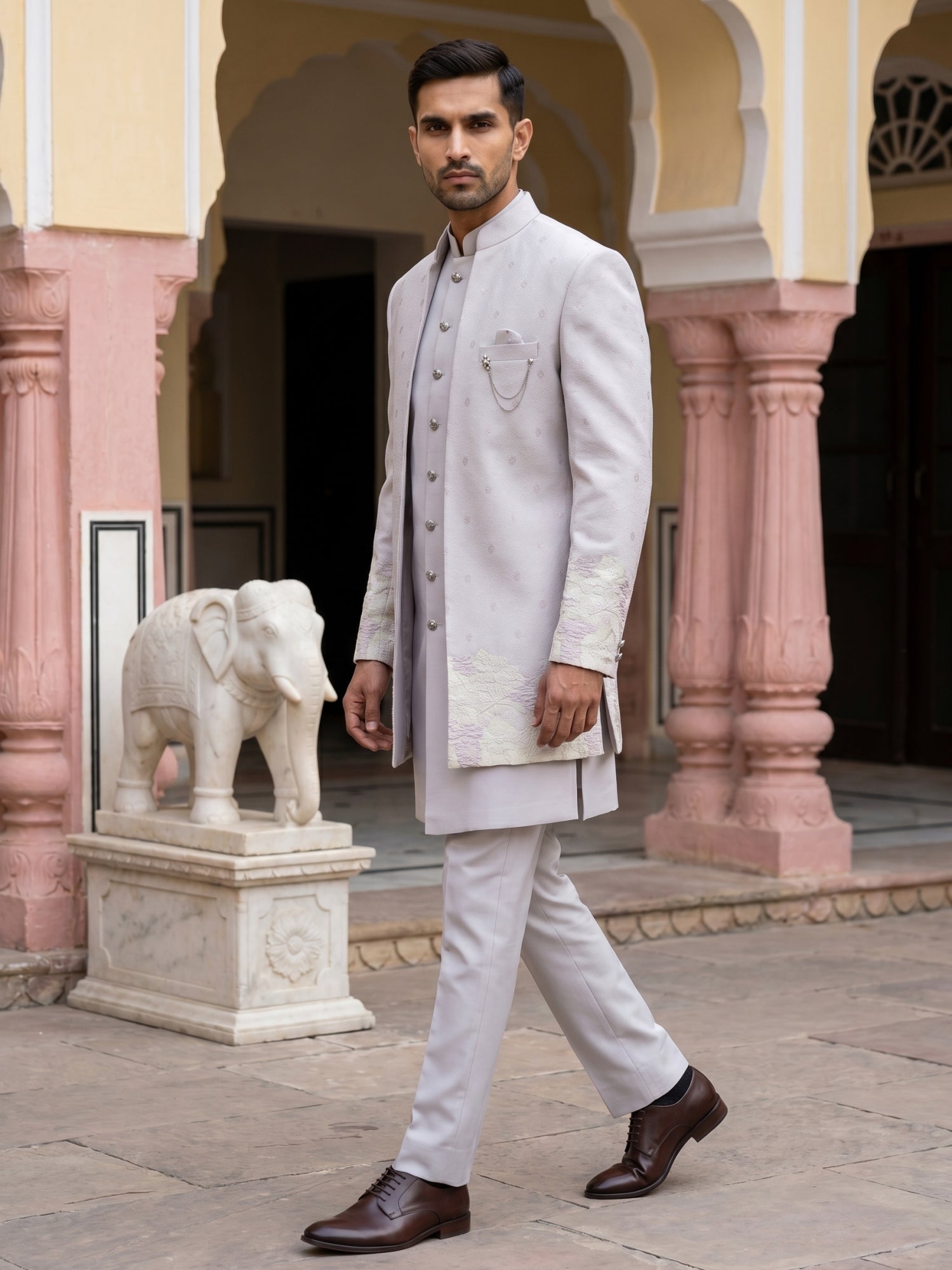 DesiQlo Men Self Design Indo Western Set - Multicolor