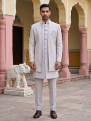 Floral Design Jacquard Silk Indo-Western Set for Men ( 50JIND 209Voilet )