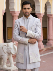Floral Design Jacquard Silk Indo-Western Set for Men ( 50JIND 209Voilet )