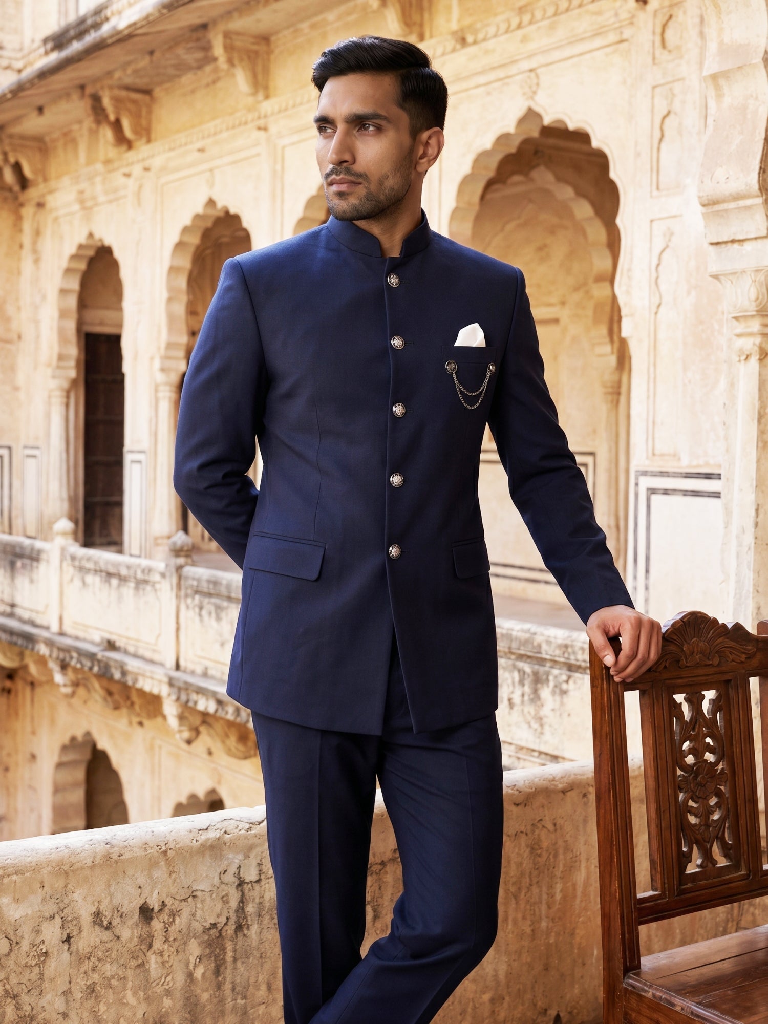 DesiQlo Men Solid Indo Western Set - Blue
