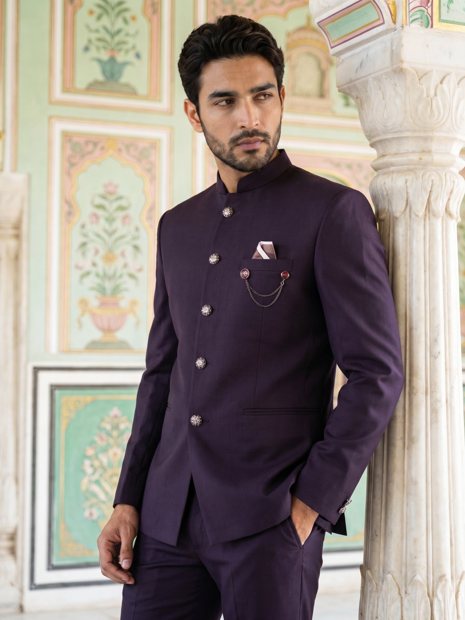 DesiQlo Men Solid Indo Western Set - Purple - 50JIND_210Purple_S