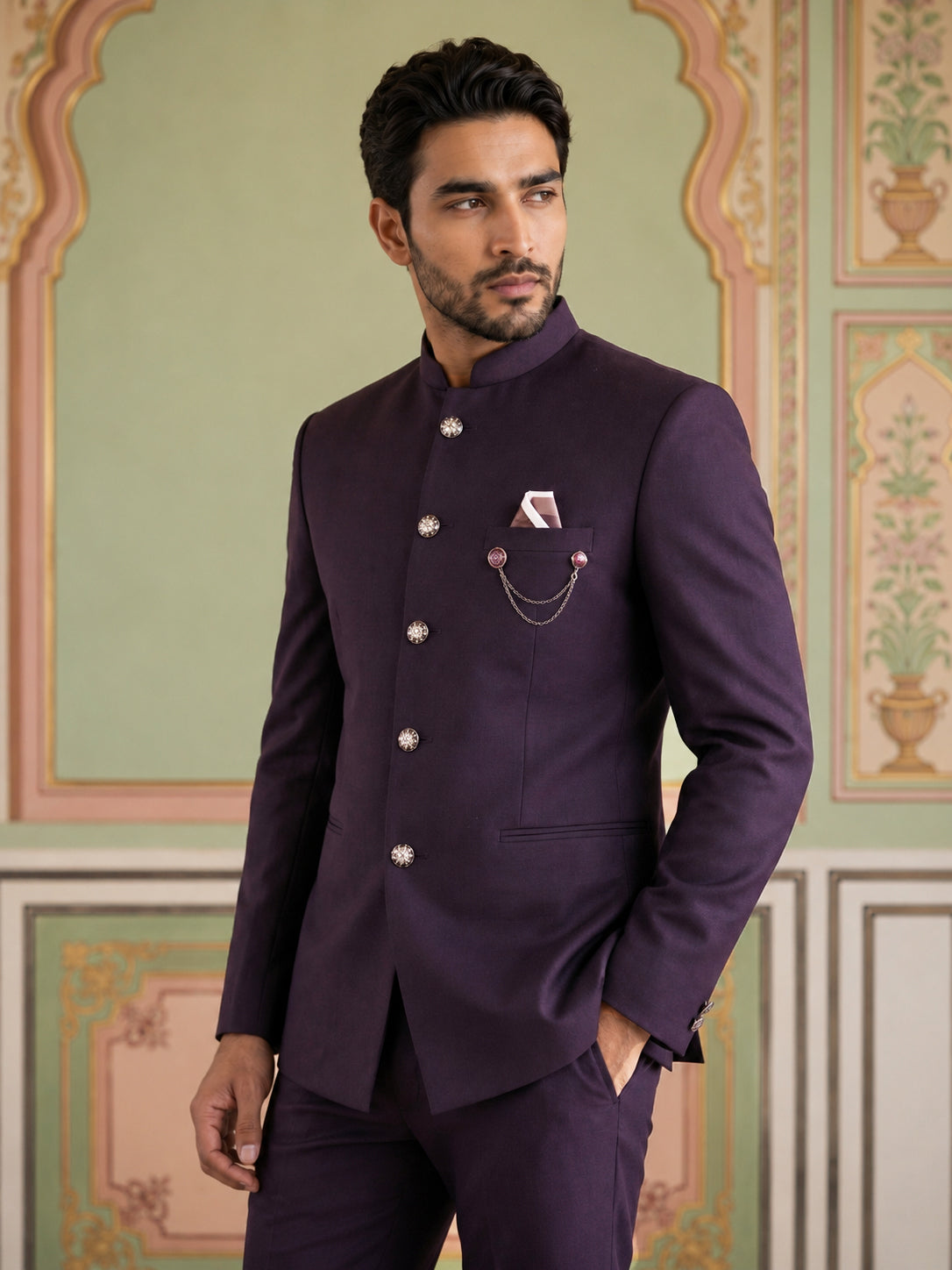 DesiQlo Men Solid Indo Western Set - Purple - 50JIND_210Purple_S