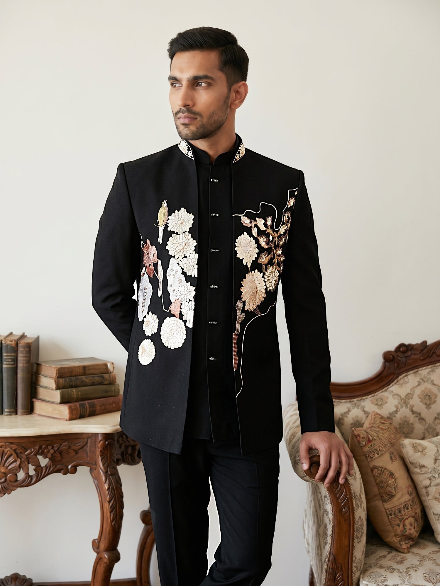 DesiQlo Men Embroidered Indo Western Set - Black - 50JIND_211Black_S