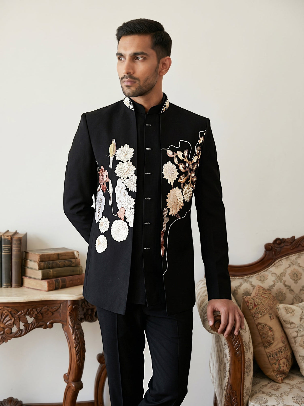 Imported Japanese Fabric Embroidered Indo-Western Set ( 50JIND 211Black )