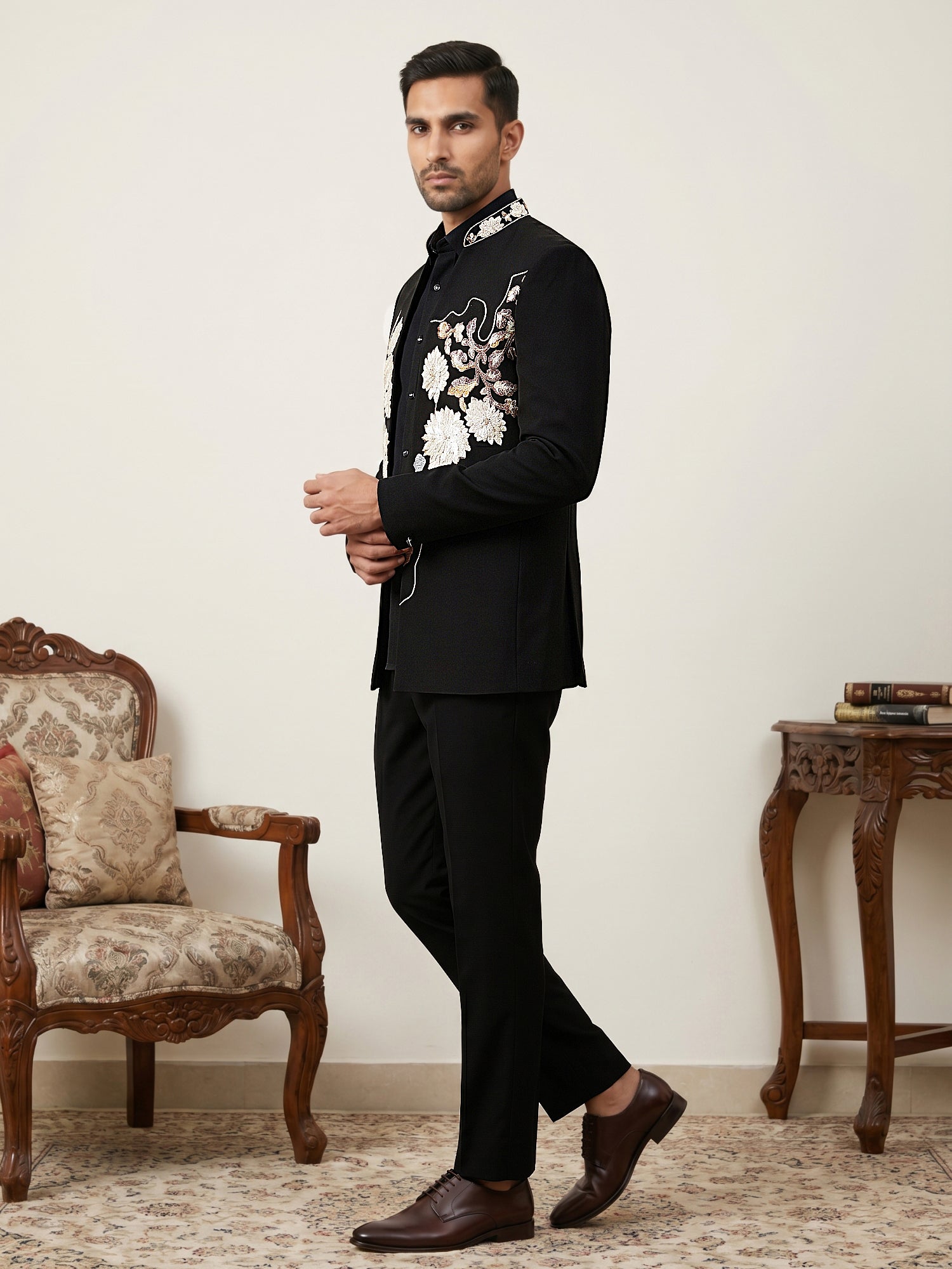 DesiQlo Men Embroidered Indo Western Set - Black - 50JIND_211Black_S