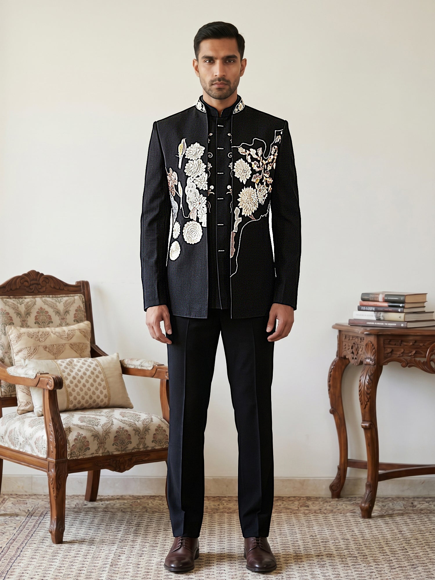 DesiQlo Men Embroidered Indo Western Set - Black - 50JIND_211Black_S