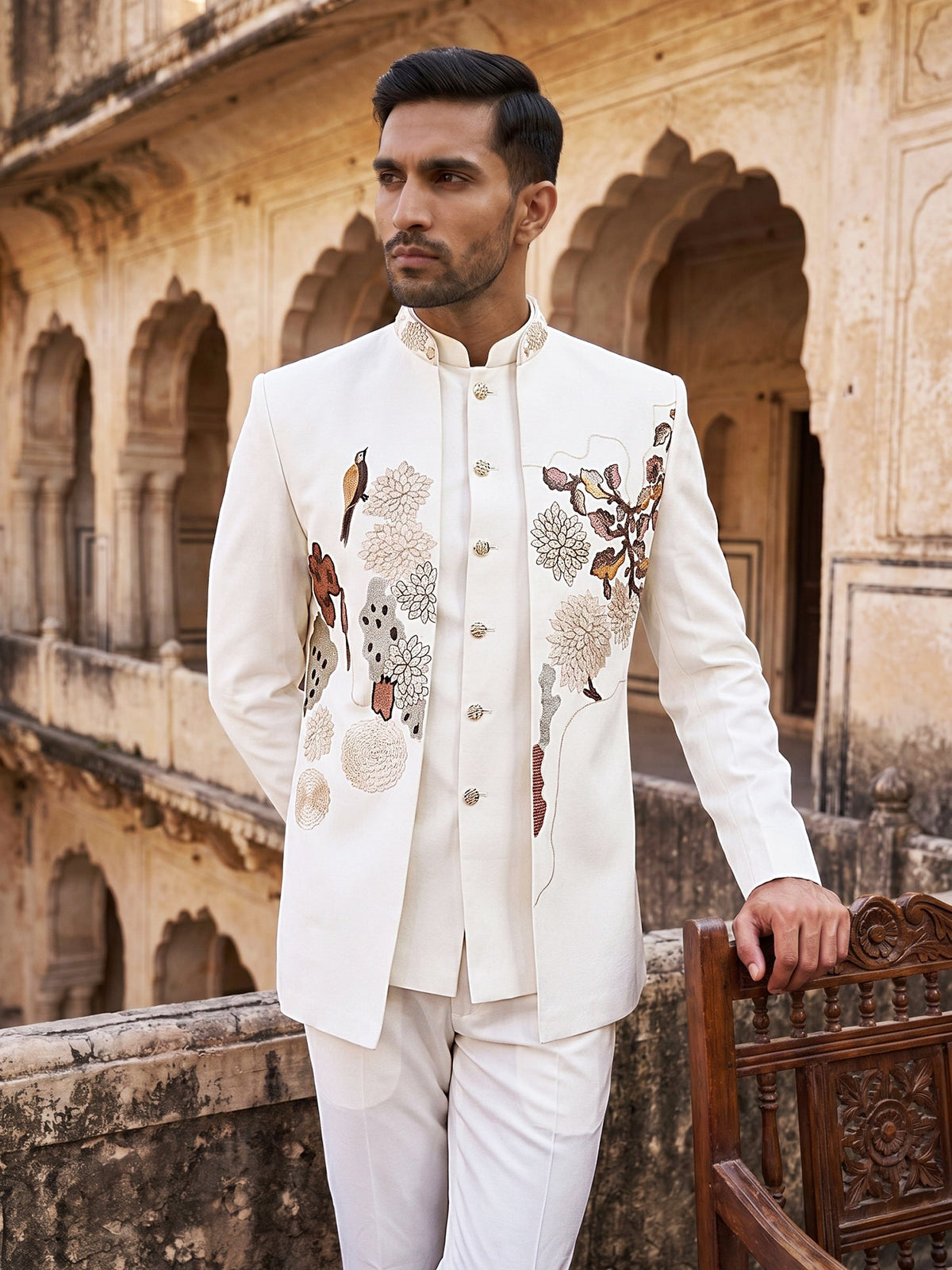 Imported Japanese Fabric Embroidered Indo-Western Set ( 50JIND 211White )