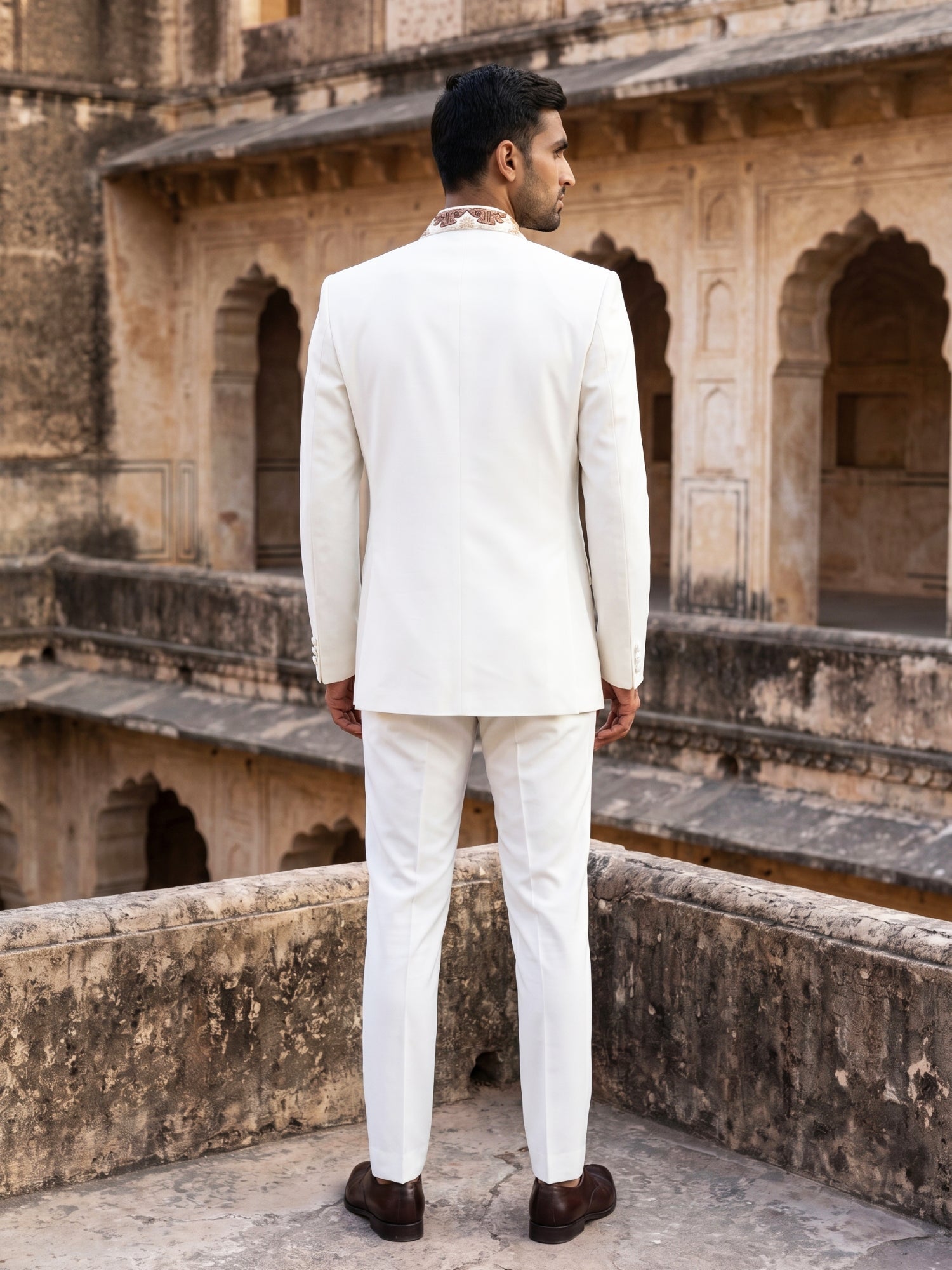 DesiQlo Men Embroidered Indo Western Set - White - 50JIND_211White_S