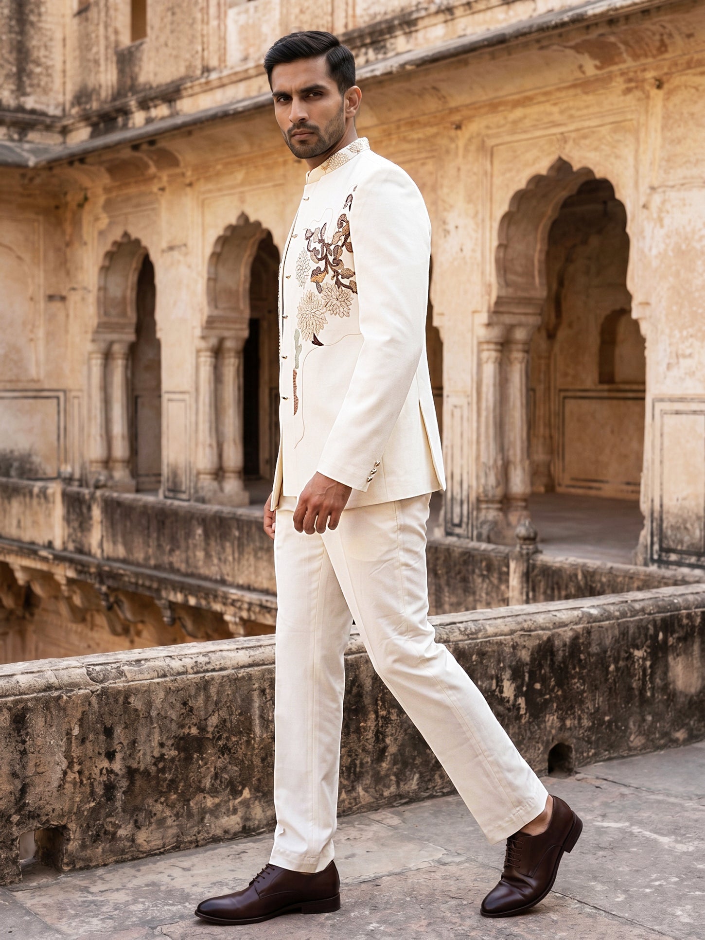 DesiQlo Men Embroidered Indo Western Set - White - 50JIND_211White_S