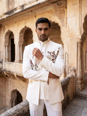 Imported Japanese Fabric Embroidered Indo-Western Set ( 50JIND 211White )