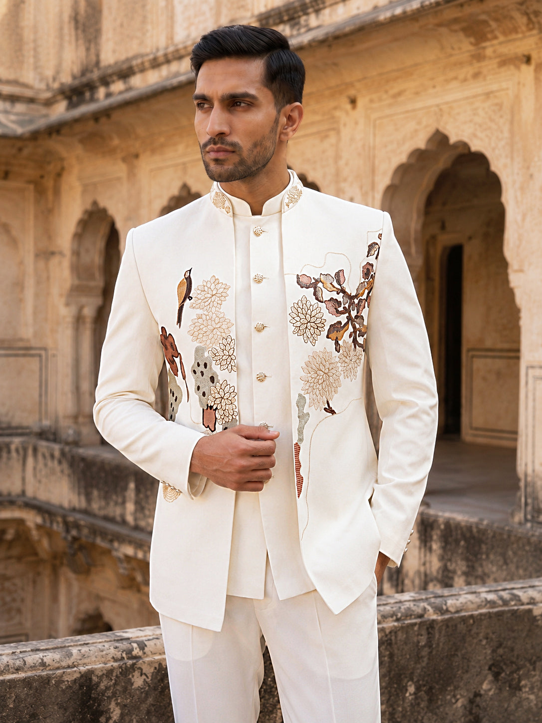 DesiQlo Men Embroidered Indo Western Set - White - 50JIND_211White_S