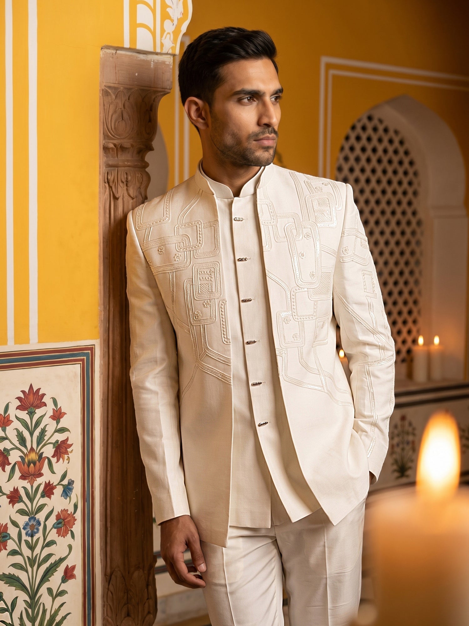 DesiQlo Men Embroidered Indo Western Set - White - 50JIND_212White_S