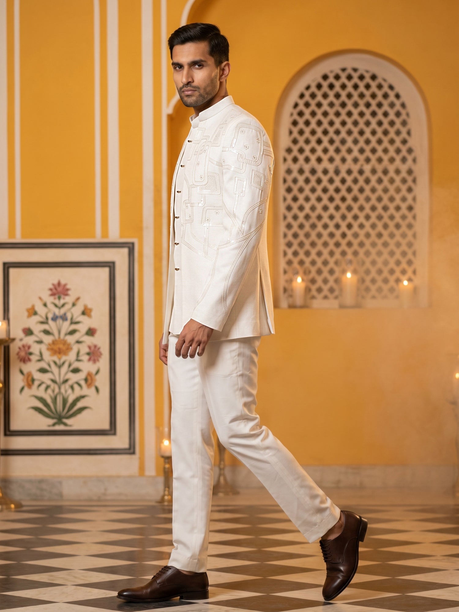DesiQlo Men Embroidered Indo Western Set - White - 50JIND_212White_S