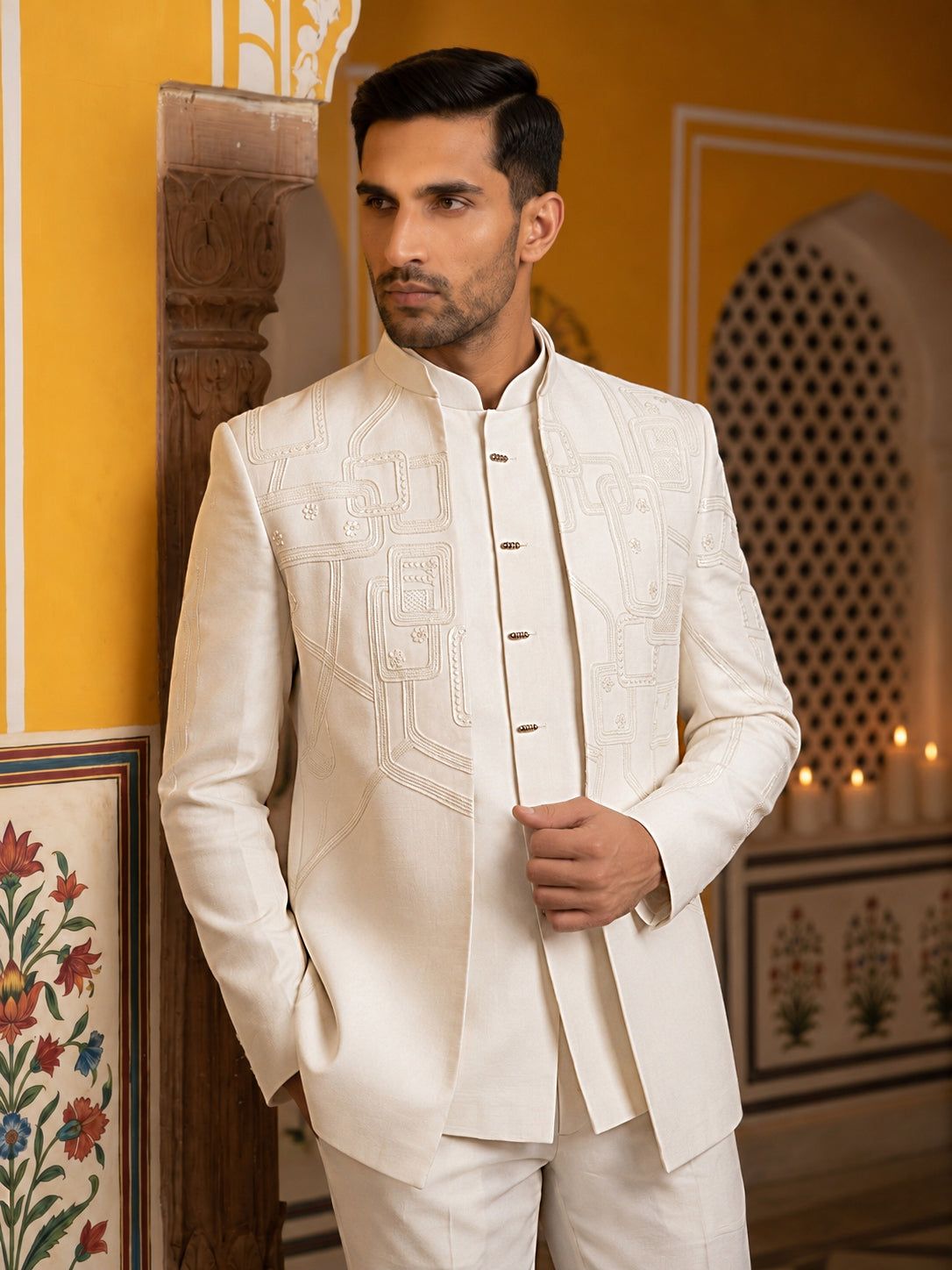 DesiQlo Men Embroidered Indo Western Set - White - 50JIND_212White_S