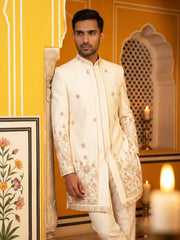 Premium Floral Embroidered Silk Blend Indo-Western Set ( 50JIND 213Cream )