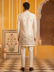 Premium Floral Embroidered Silk Blend Indo-Western Set ( 50JIND 213Cream )