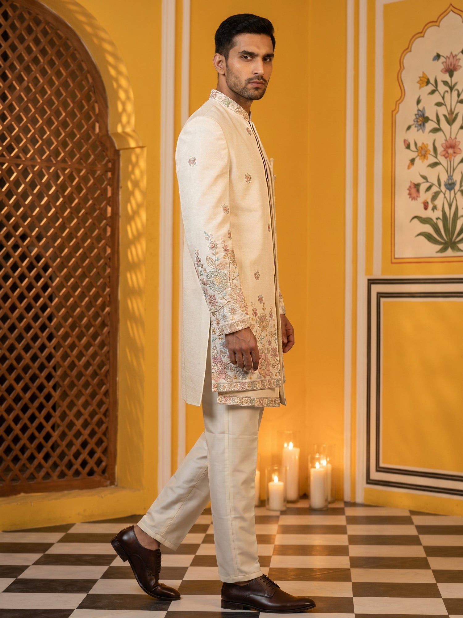 DesiQlo Men Embroidered Indo Western Set - Beige - 50JIND_213Cream_S