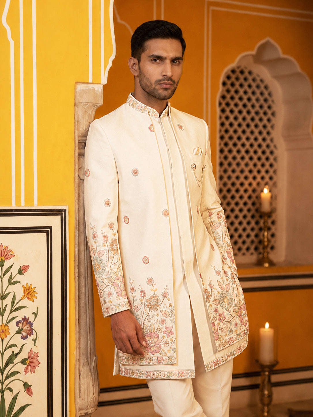 DesiQlo Men Embroidered Indo Western Set - Beige - 50JIND_213Cream_S