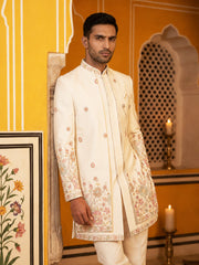 Premium Floral Embroidered Silk Blend Indo-Western Set ( 50JIND 213Cream )