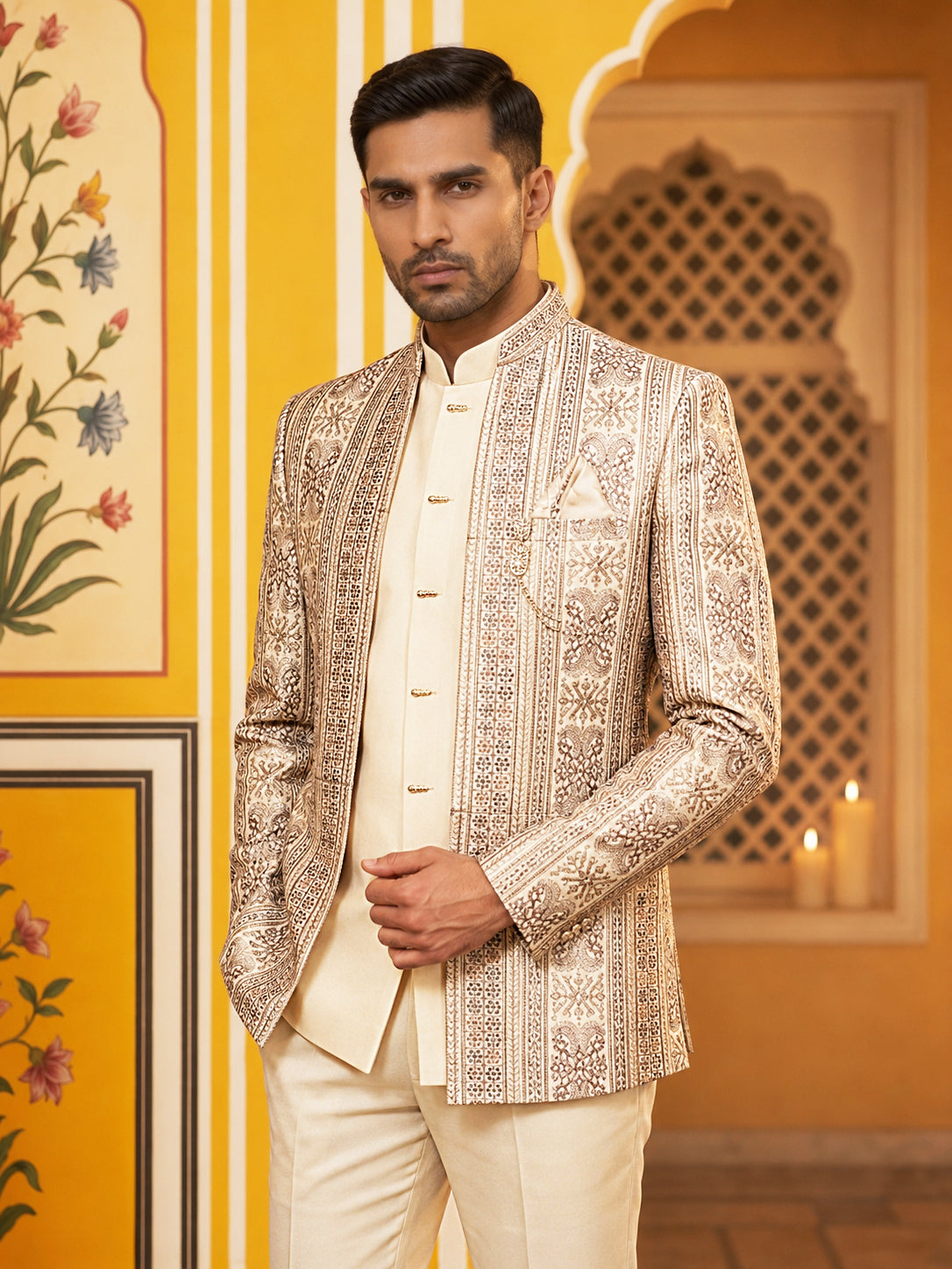Silk Blend Embroidered Indo-Western Set ( 50JIND 214Off-White )