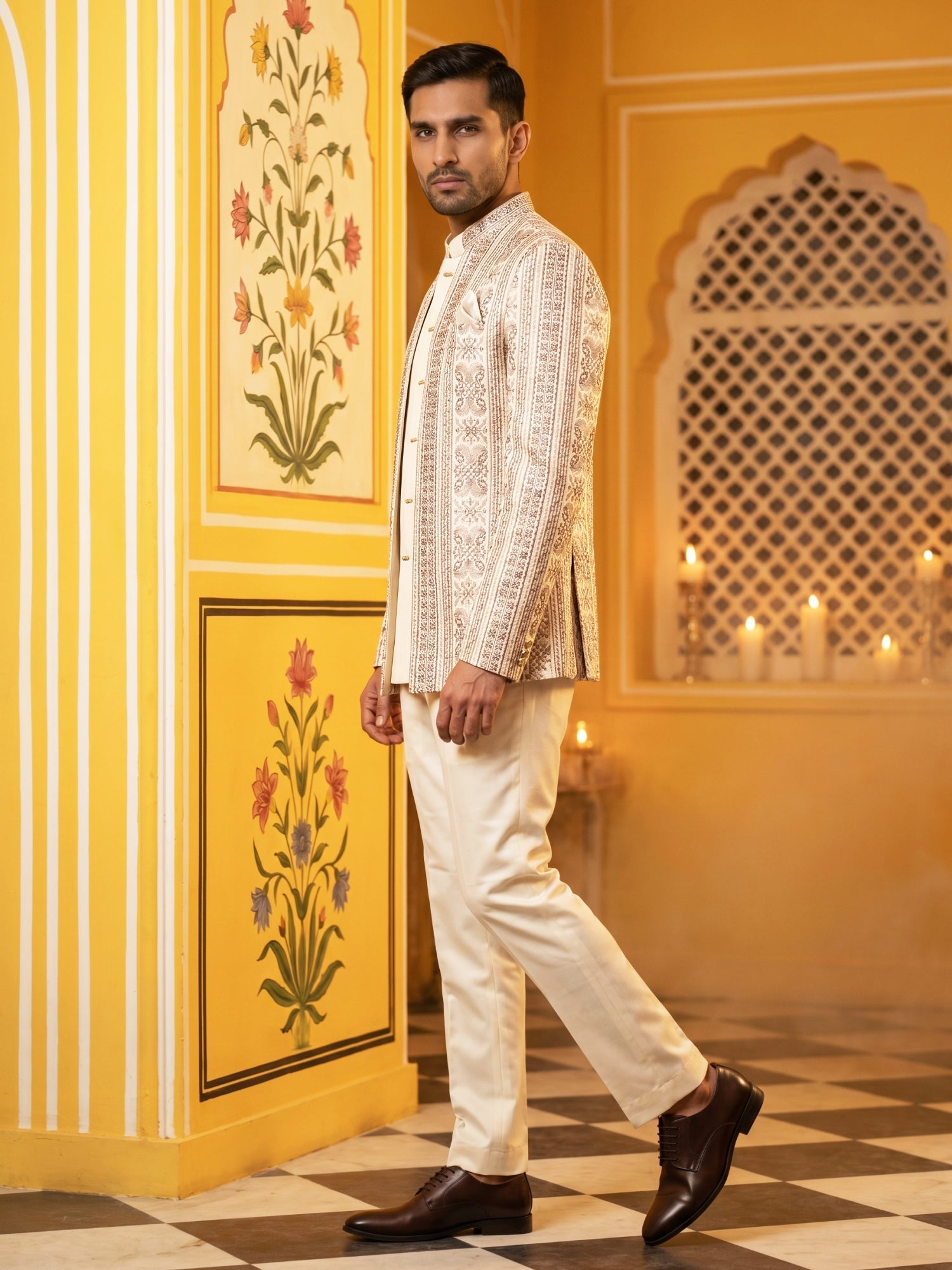 DesiQlo Men Embroidered Indo Western Set - White - 50JIND_214Off-White