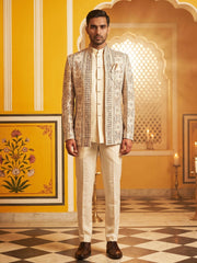 Silk Blend Embroidered Indo-Western Set ( 50JIND 214Off-White )