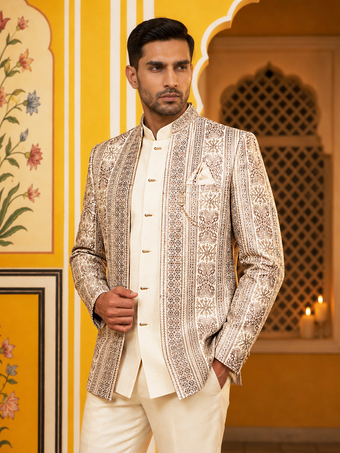 DesiQlo Men Embroidered Indo Western Set - White - 50JIND_214Off-White