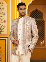 Silk Blend Embroidered Indo-Western Set ( 50JIND 214Off-White )