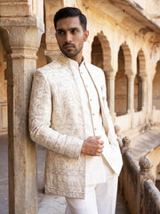 Premium Floral Embroidered Silk Blend Indo-Western Set ( 50JIND 215Off-White )