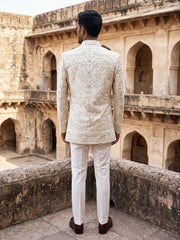 Premium Floral Embroidered Silk Blend Indo-Western Set ( 50JIND 215Off-White )