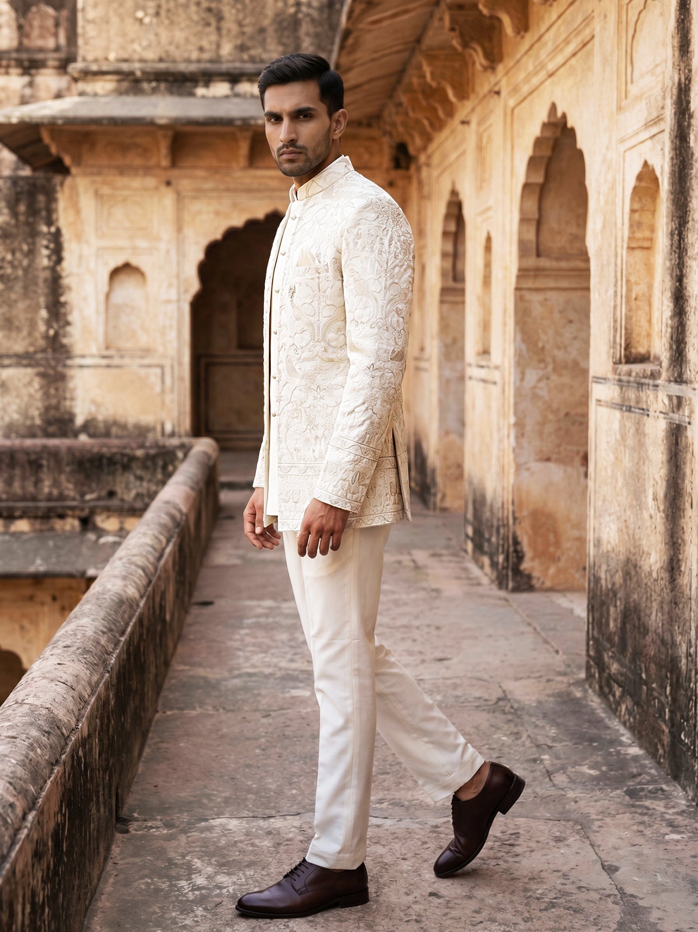 DesiQlo Men Embroidered Indo Western Set - White - 50JIND_215Off-White