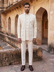 Premium Floral Embroidered Silk Blend Indo-Western Set ( 50JIND 215Off-White )