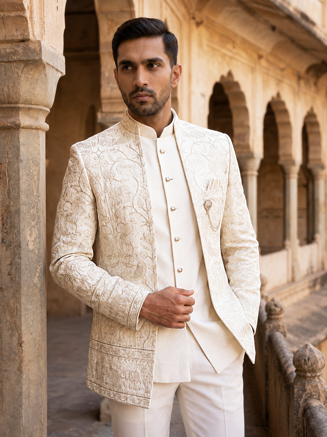 DesiQlo Men Embroidered Indo Western Set - White - 50JIND_215Off-White