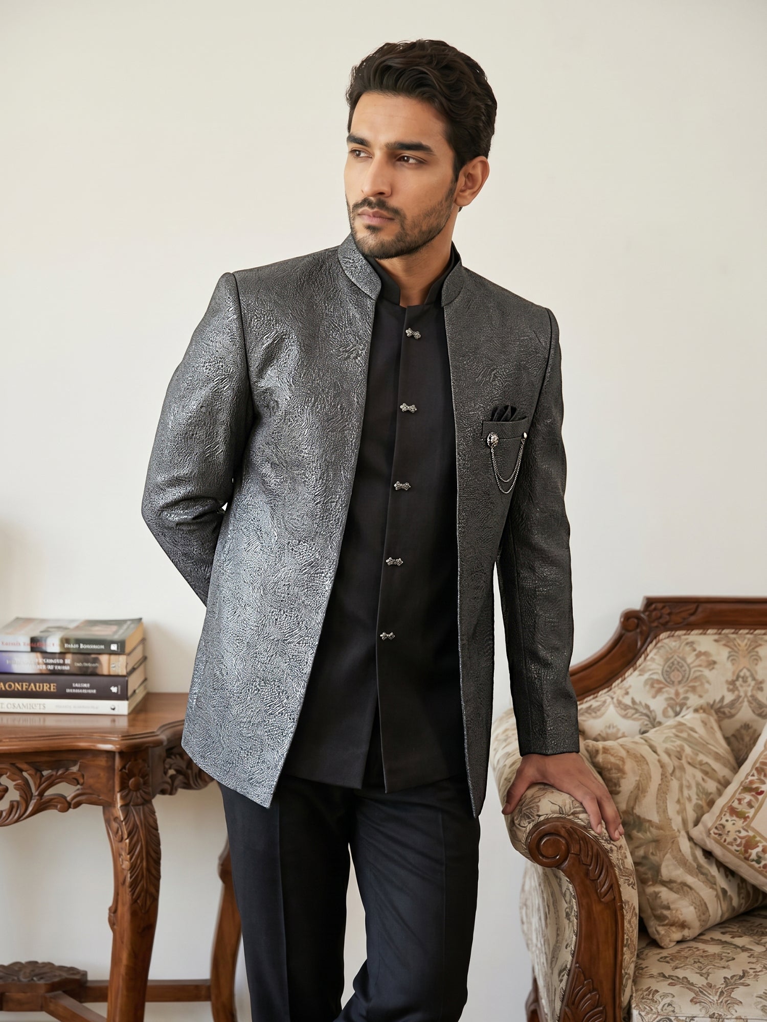 DesiQlo Men Self Design Indo Western Set - Black - 50JIND_222Black_S