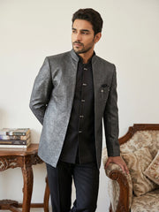 Men's Woven Design Indo-Western Set ( 50JIND 222Black )