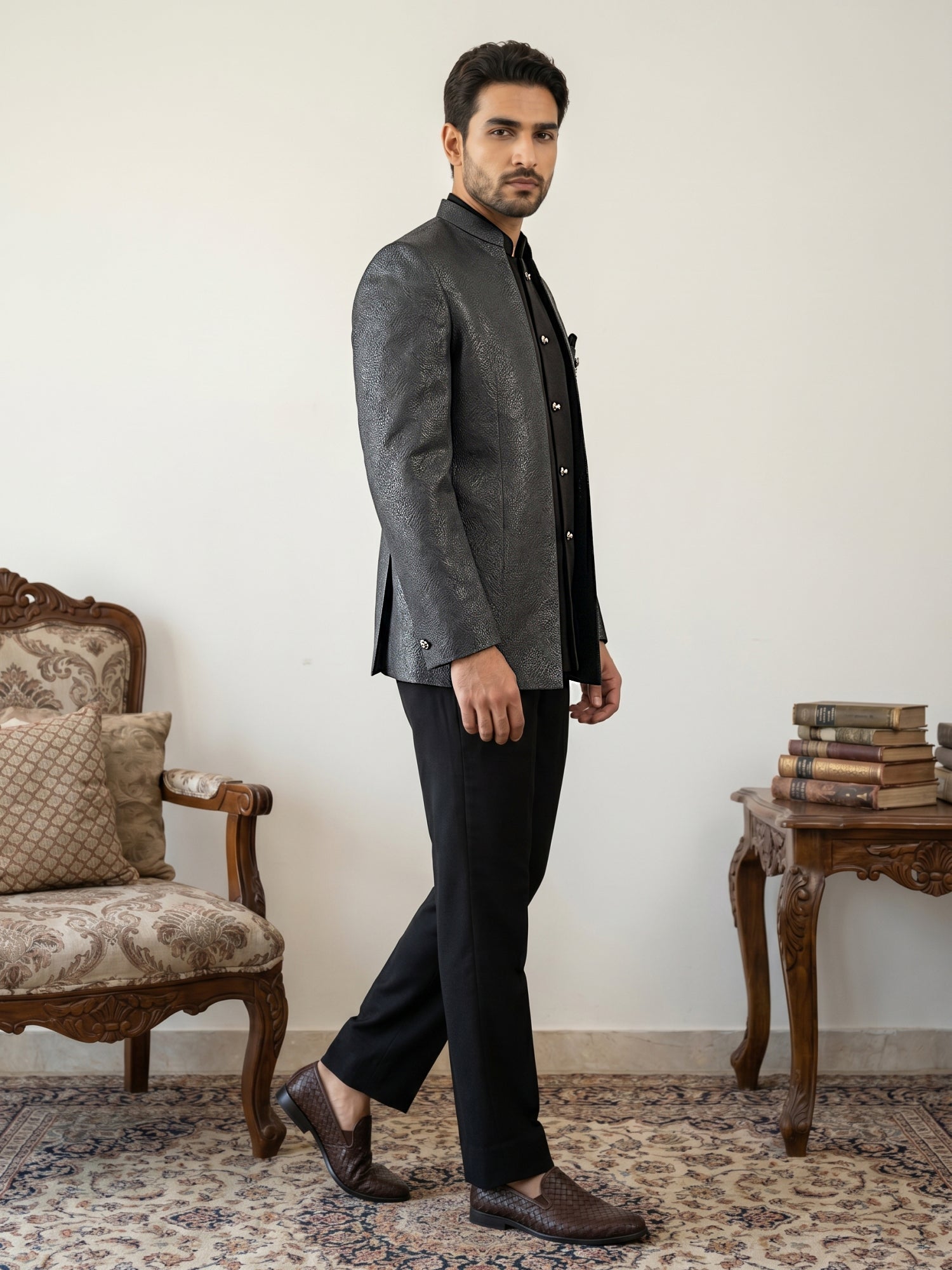 DesiQlo Men Self Design Indo Western Set - Black - 50JIND_222Black_S