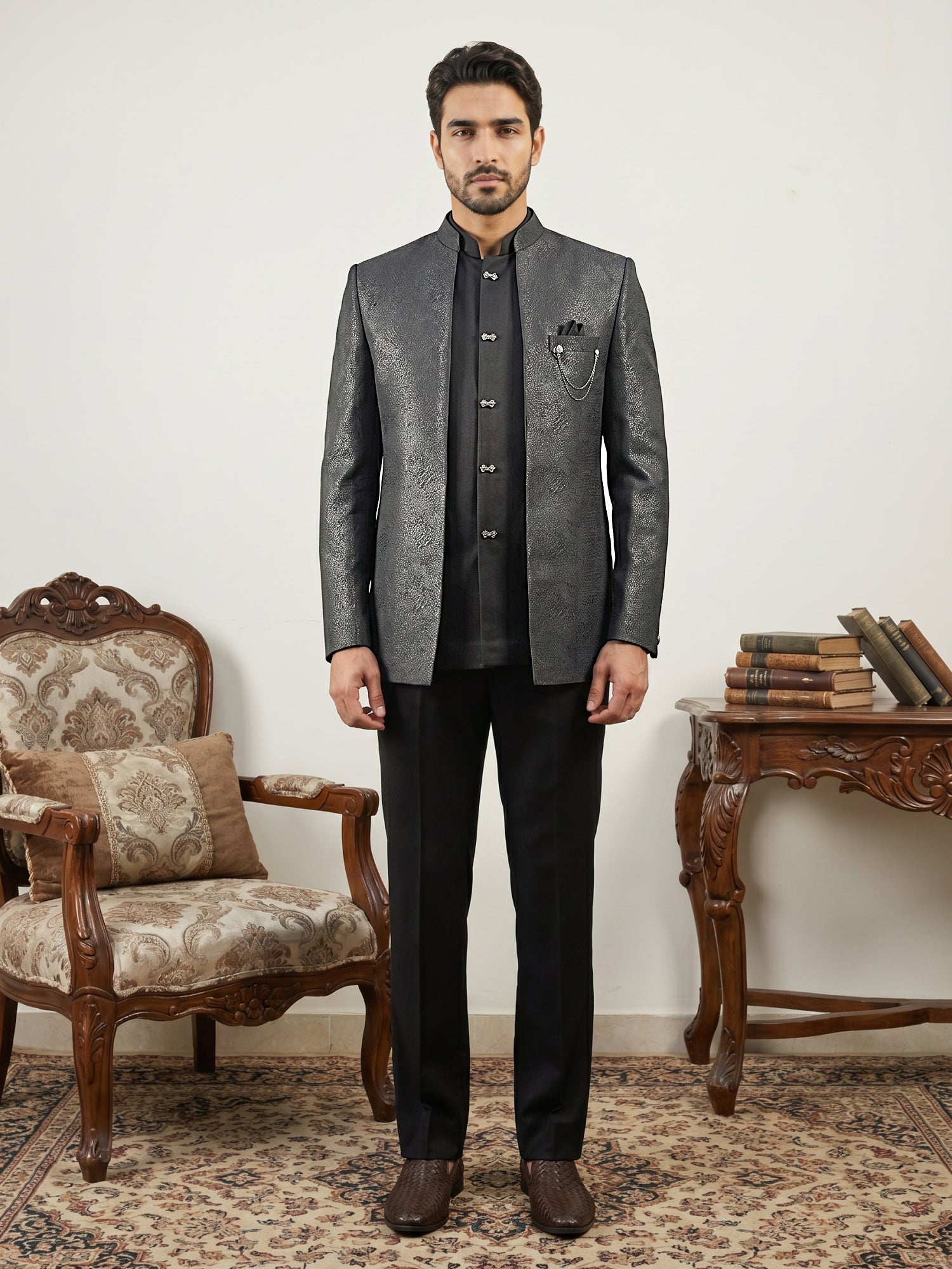 DesiQlo Men Self Design Indo Western Set - Black - 50JIND_222Black_S