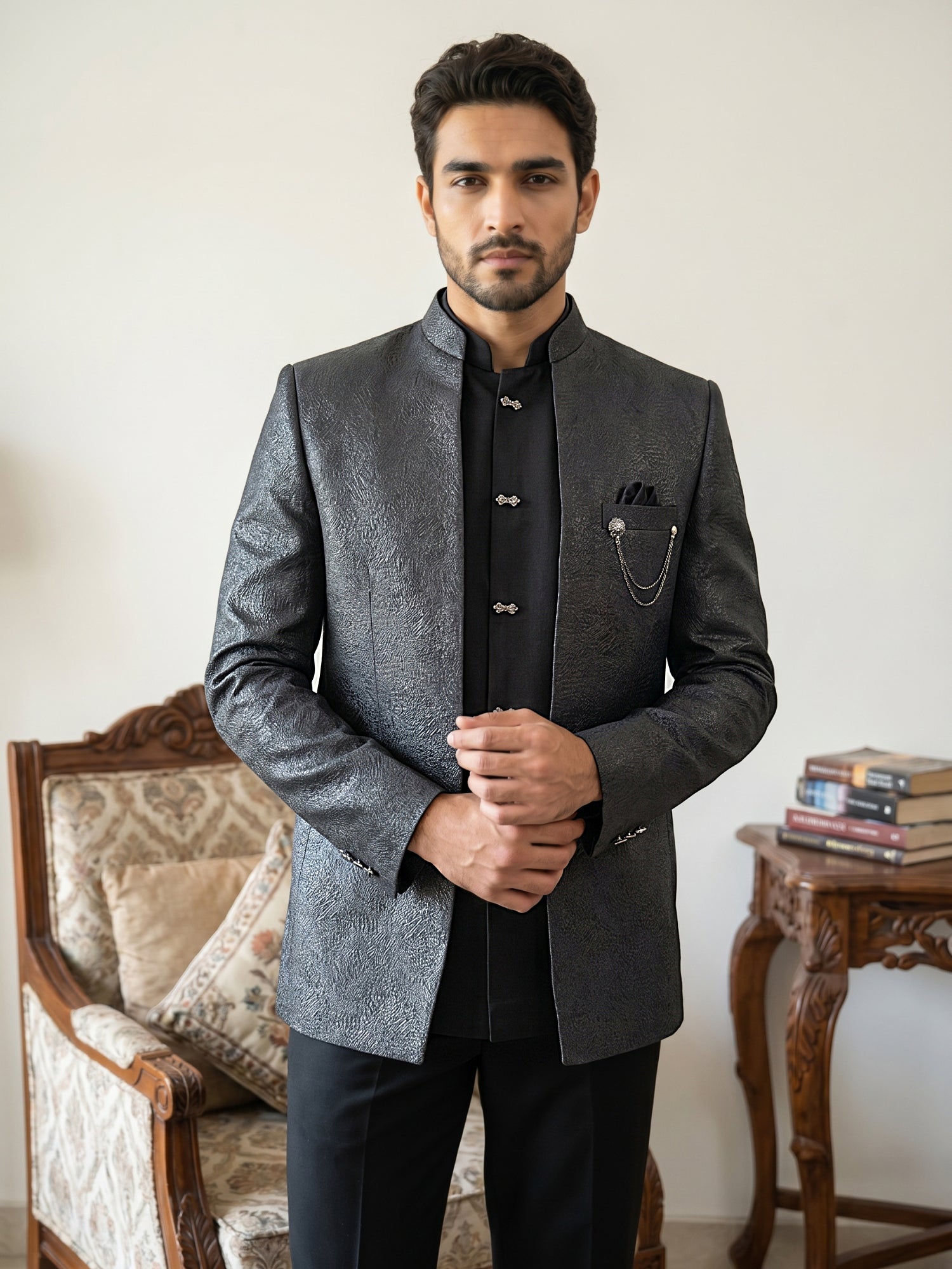 DesiQlo Men Self Design Indo Western Set - Black - 50JIND_222Black_S